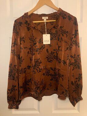 A.n.a Brown and Black Floral Print Long Sleeve Satin Blouse - Large